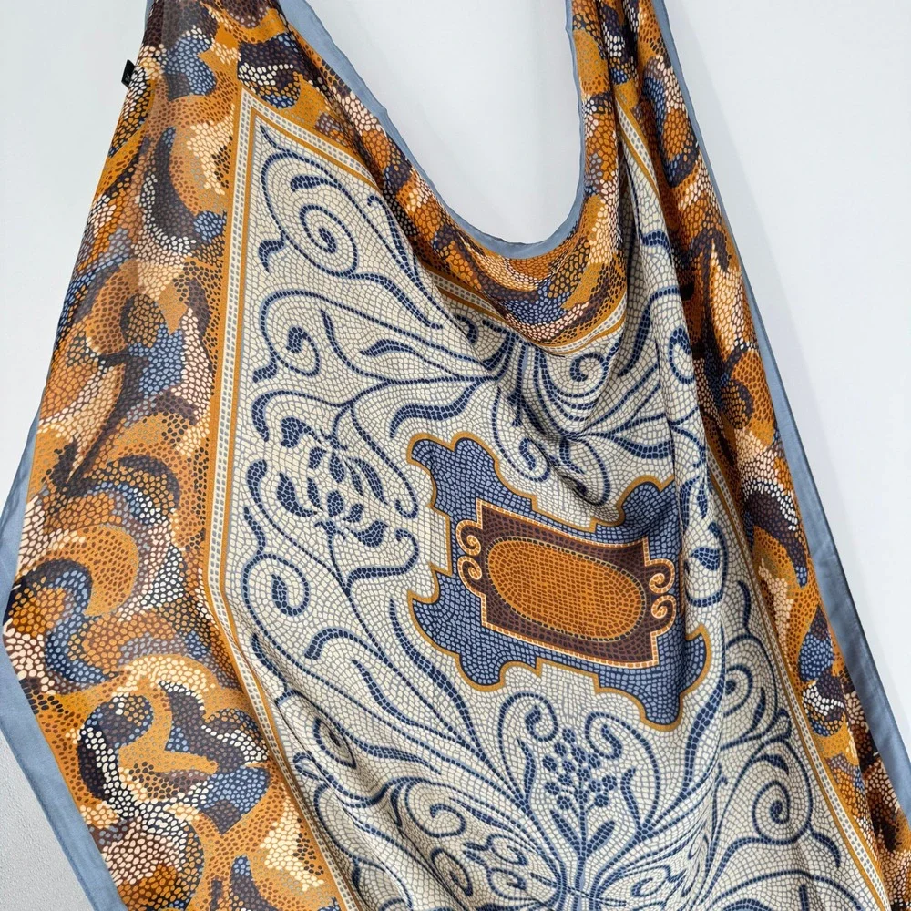 100% Silk Scarf Mosaic Print Bohemian Grandmacore Earth Tones Elegant Accessory